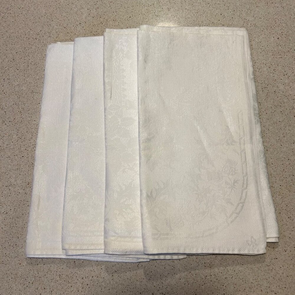 Vintage White Irish Linen Damask Dinner Napkins Rose Shamrock Thistle Set 4